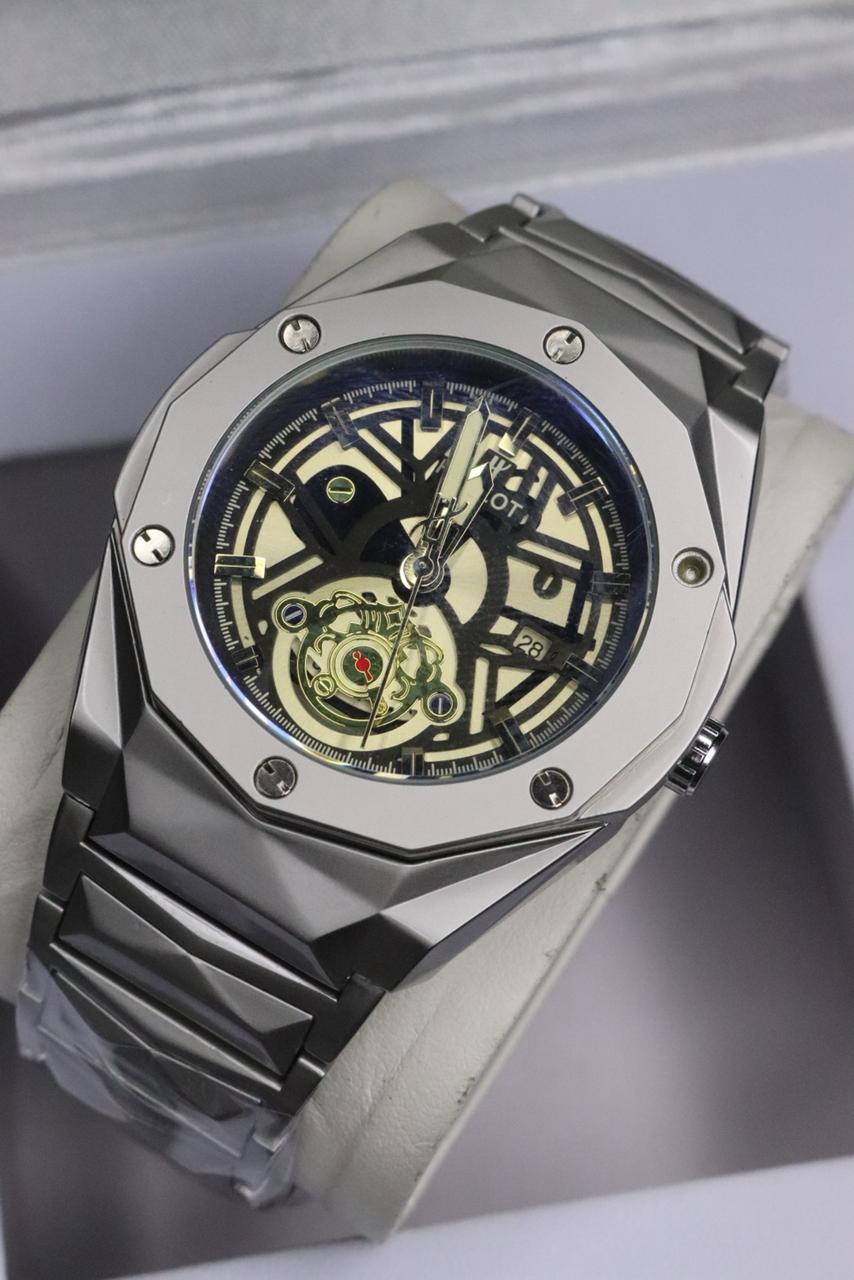 HB Men's Automatic Skeleton Wristwatch | Industrial-Chic Stainless Steel ( without box) Case with Genuine Leather Strap | Self-Winding Mechanical Movement ( BLACK )