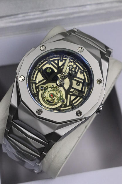 HB Men's Automatic Skeleton Wristwatch | Industrial-Chic Stainless Steel ( without box) Case with Genuine Leather Strap | Self-Winding Mechanical Movement ( BLACK )