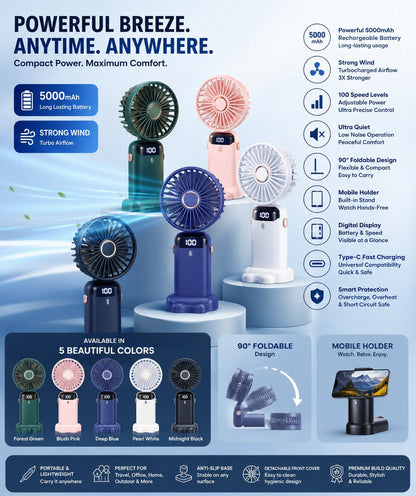 Portable Rechargeable Mini Fan with Digital Display - Foldable 5 Speed Levels